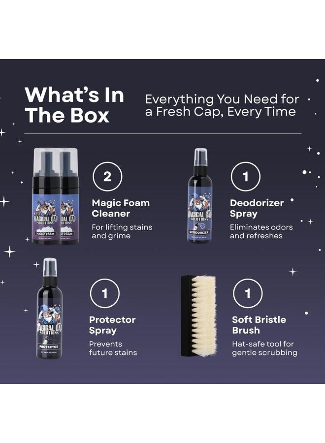 MAGICAL CAP SOLUTIONS Hat Cleaning Kit – 4-Step Headwear Cleaner with Foam, Brush, Deodorizer & Protector – Safe for Baseball Caps, Snapbacks & All Types of Fabrics - Image 2