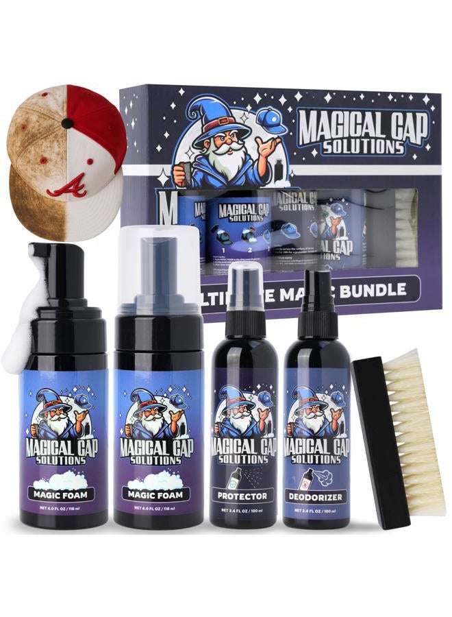 MAGICAL CAP SOLUTIONS Hat Cleaning Kit – 4-Step Headwear Cleaner with Foam, Brush, Deodorizer & Protector – Safe for Baseball Caps, Snapbacks & All Types of Fabrics - Image 1