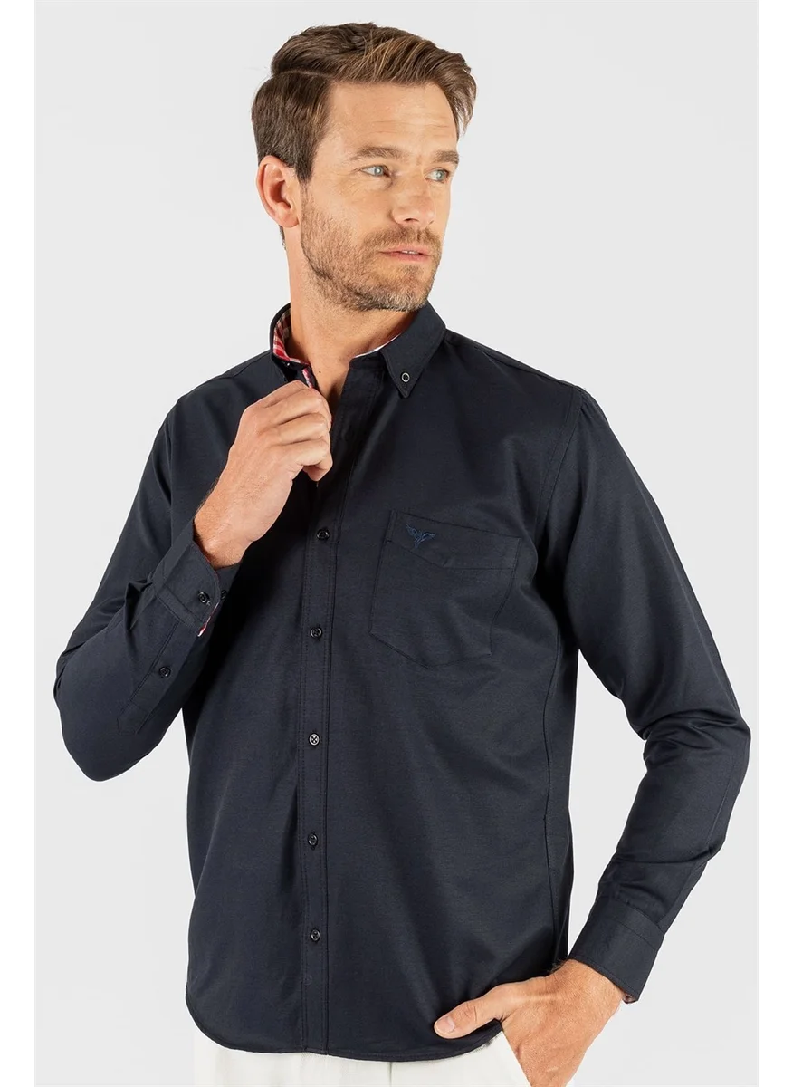تودورس Men's Regular Fit Classic Cut Cotton Oxford Texture Single Pocket Navy Blue Button-Down Collar Shirt
