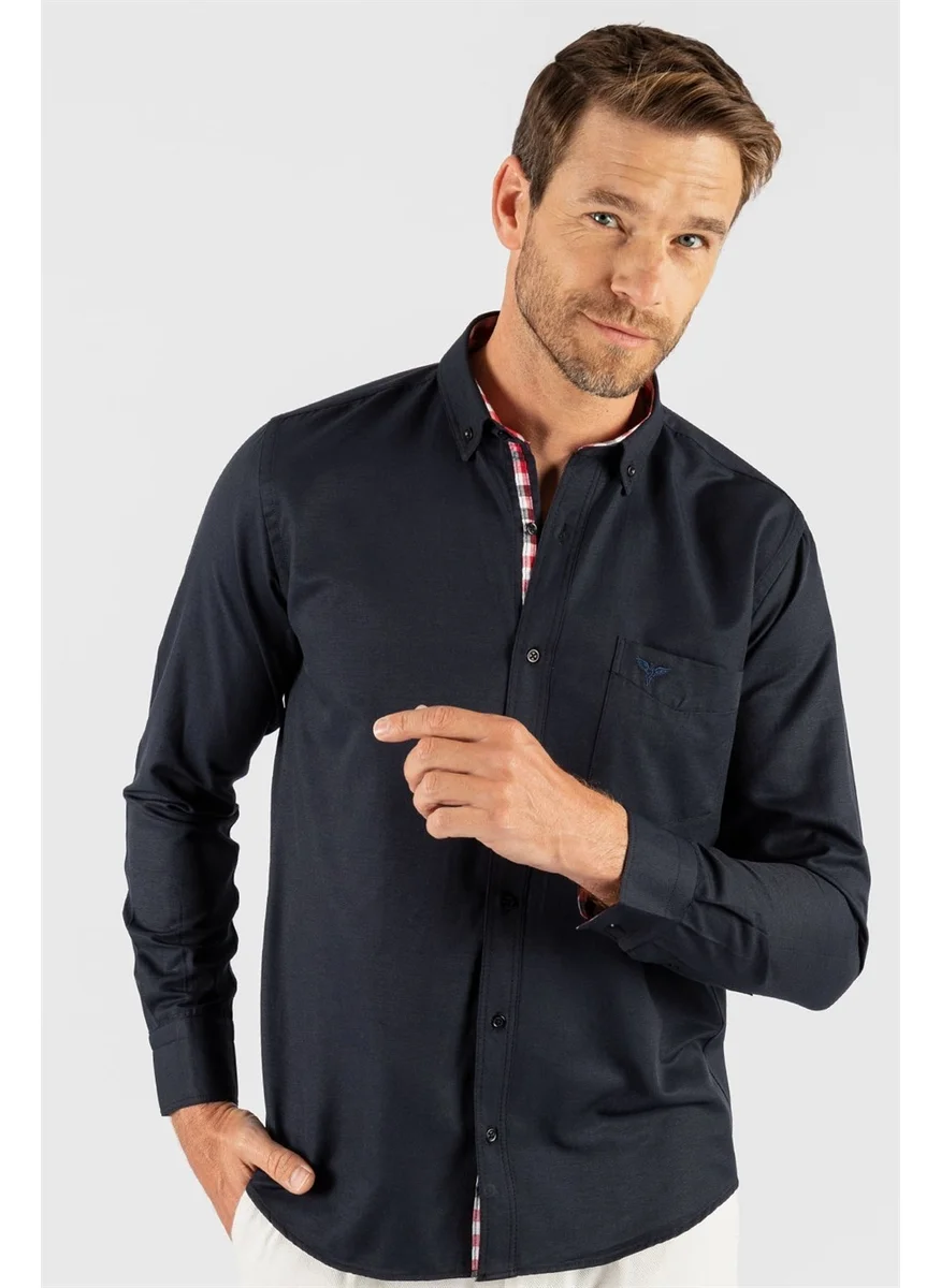 تودورس Men's Regular Fit Classic Cut Cotton Oxford Texture Single Pocket Navy Blue Button-Down Collar Shirt