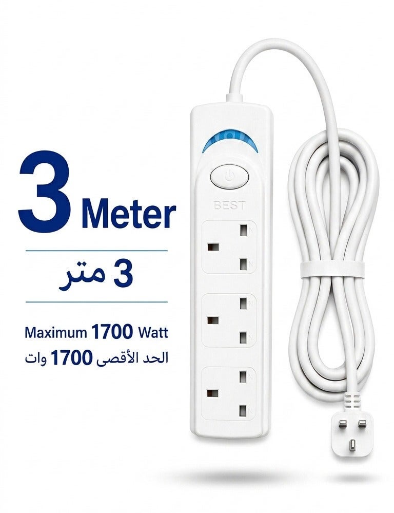 Best 3-Socket Power Strip Extension Cord with Indicator Light – UK Plug Adapter, 3M Heavy-Duty Cable, 1700W Max Load, Master Switch, Ideal for Home & Office (White) - Image 1
