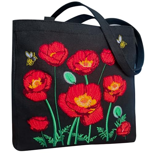 SUNWISHA Aesthetic Embroidery Tote Bag for Women- Reusable Canvas Cute Shoulder Bag for Shopping, Grocery, Work, Gym, Travel black - Image 1