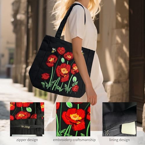 SUNWISHA Aesthetic Embroidery Tote Bag for Women- Reusable Canvas Cute Shoulder Bag for Shopping, Grocery, Work, Gym, Travel black - Image 4