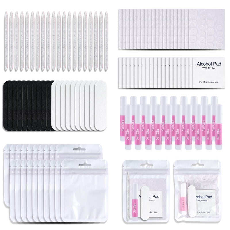 Bebbtiy Press On Nail Tool Kit with Everything, Bebbtiy Nail Prep Tool Disposable Manicure Kit with Nail File, Nail Glue, Prep Pads, Adhesive Nail Tabs,Wood Stick, Packaging Bag (20pcs-white) - Image 1