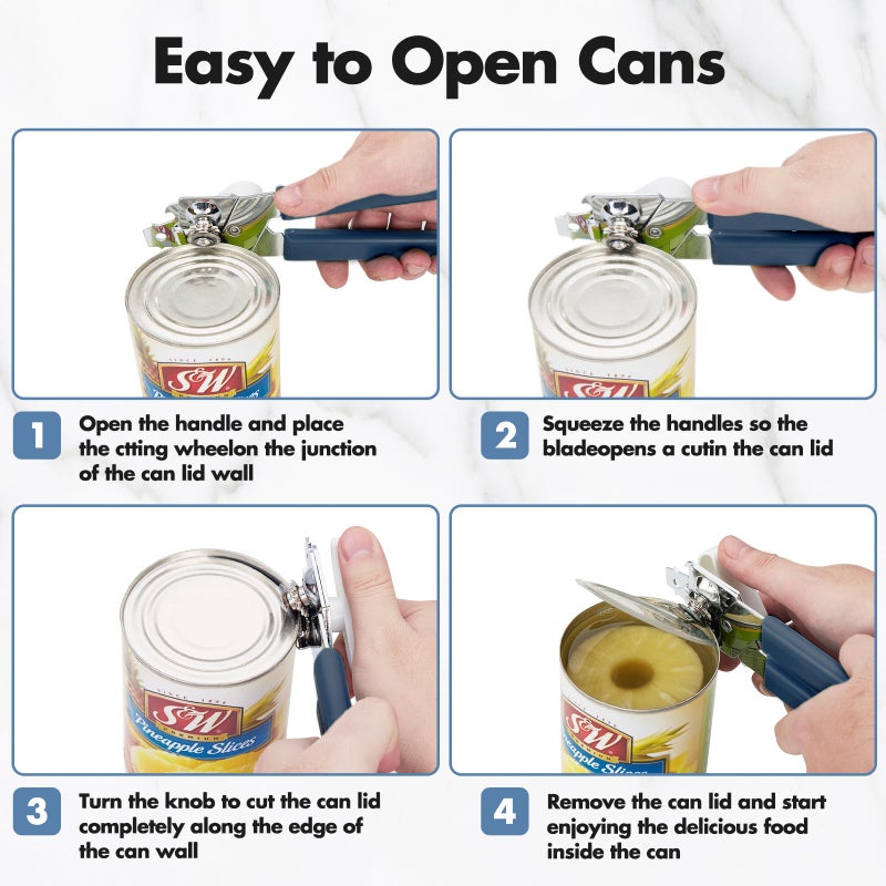 COKORA Can Opener Manual, COKORA Can Openers Hand Held with Comfort Anti-Slip Handles, Heavy Duty Stainless Steel Can Opener Smooth Edge and Bottle Openers, Easy Turn Can Openers for Seniors, Kitchen, Blue - Image 3