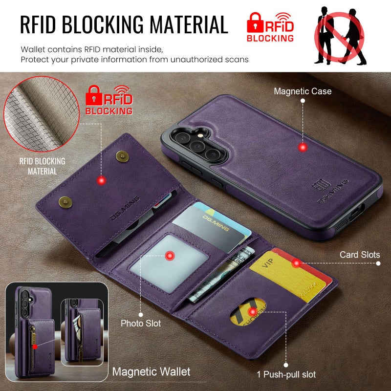 Dg Ming For Samsung Galaxy S25 Fe 5G M5 Series Zip Rfid Multi Card Detachable Leather Phone Case(Purple) - Image 4