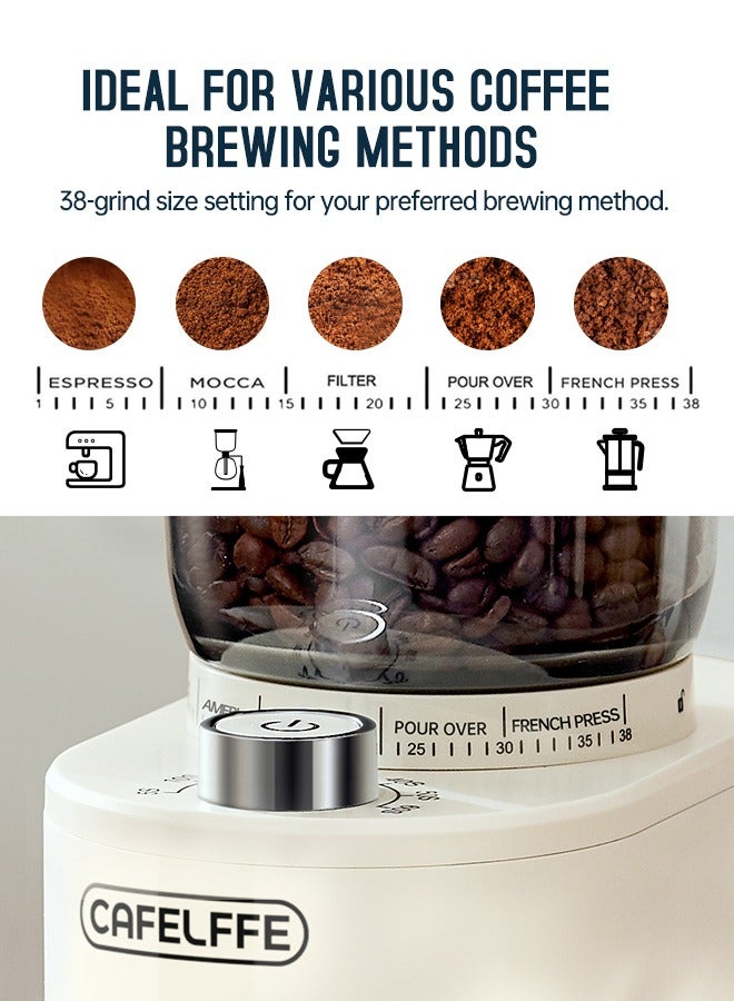 Cafelffe Electric Burr Coffee Grinder Adjustable Burr Grinder 38 Precise Grind Settings And 7 Levels Time Adjustable White - Image 2