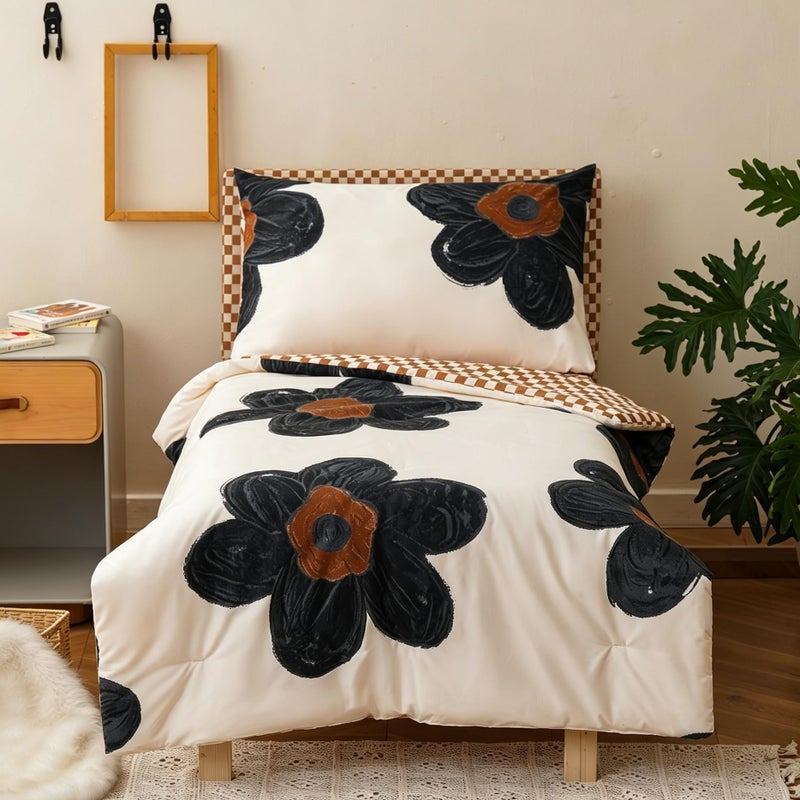 KAREVER Flower Toddler Bedding Set Botanical Print 4 Pieces Crib Bed Set Kids White Black Floral Comforter Set - Image 2
