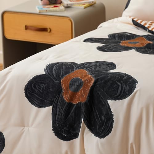 KAREVER Flower Toddler Bedding Set Botanical Print 4 Pieces Crib Bed Set Kids White Black Floral Comforter Set - Image 3