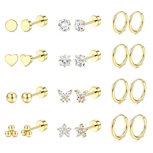 Jstyle أقراط جستايل مضادة للحساسية مطلية بالذهب عيار 14 للنساء والرجال، أقراط من الفولاذ المقاوم للصدأ الجراحي للأذان الحساسة، مجموعة أقراط صغيرة وحلقات للأذن للثقب المتعدد، مجوهرات C - Image 1
