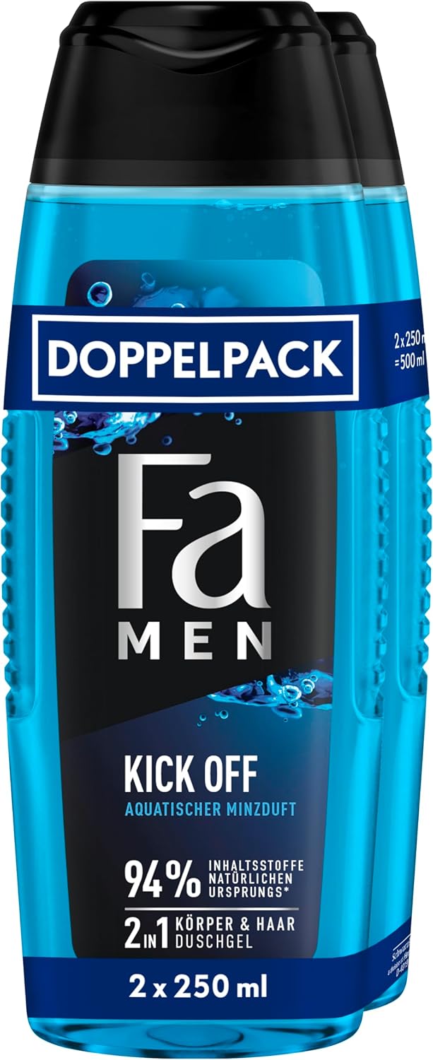 جل استحمام FA للرجال 2 في 1 عبوة من 2 2 × 250 مل تركيبة 2 في 1 للشعر والجسم تنشيط حواسك مع العطر الذكوري المكثف من الأوكالبتوس والنعناع المائي