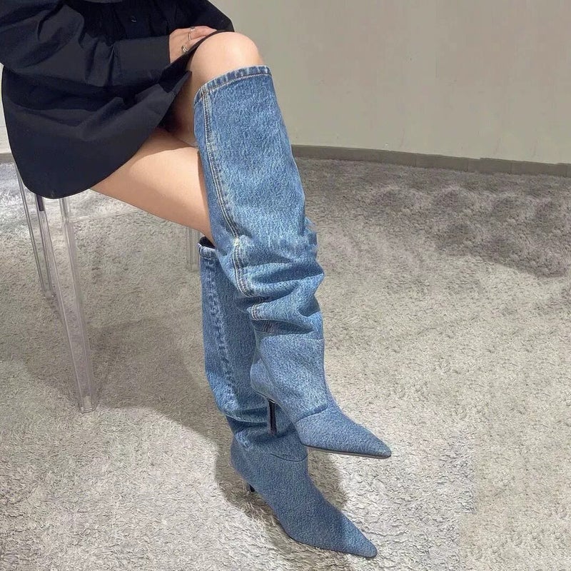 Aw Style Cowboy Boots Women'S Boots High Heel Thin Heel High Barrel Long Barrel But Knee Pleated Piled Boots Long Boots - Image 1