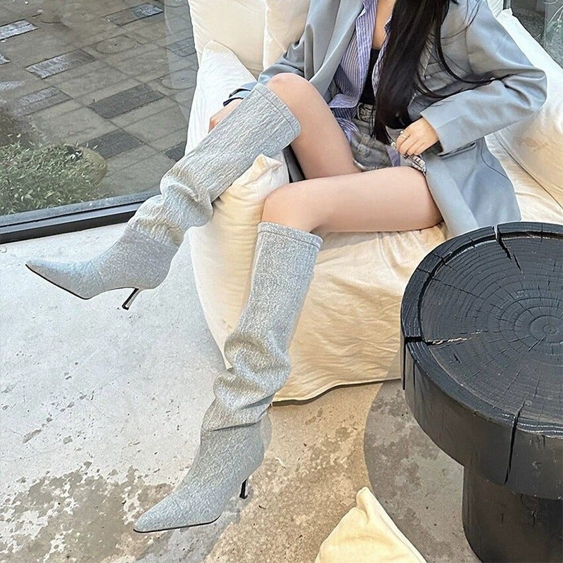 Aw Style Cowboy Boots Women'S Boots High Heel Thin Heel High Barrel Long Barrel But Knee Pleated Piled Boots Long Boots - Image 3