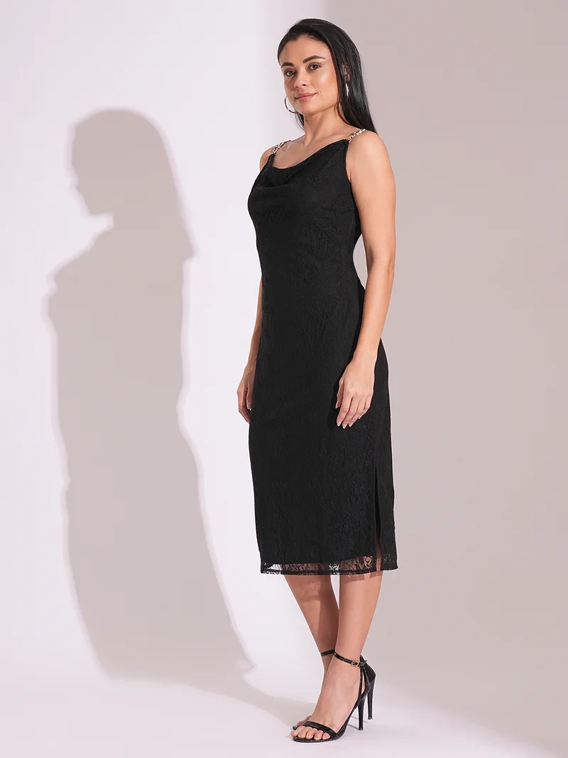 globus Globus Women Cowl Neck Metal Shoulder Straps Side Slits Lace Bodycon Midi Party Dress