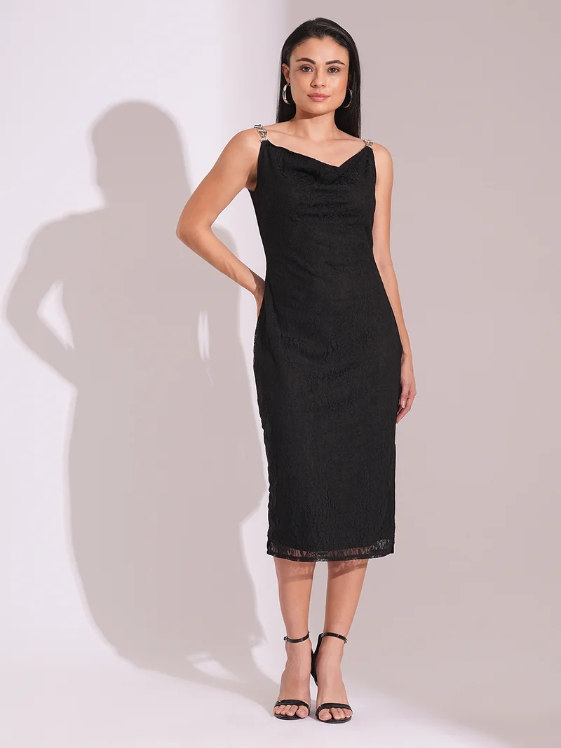 globus Globus Women Cowl Neck Metal Shoulder Straps Side Slits Lace Bodycon Midi Party Dress
