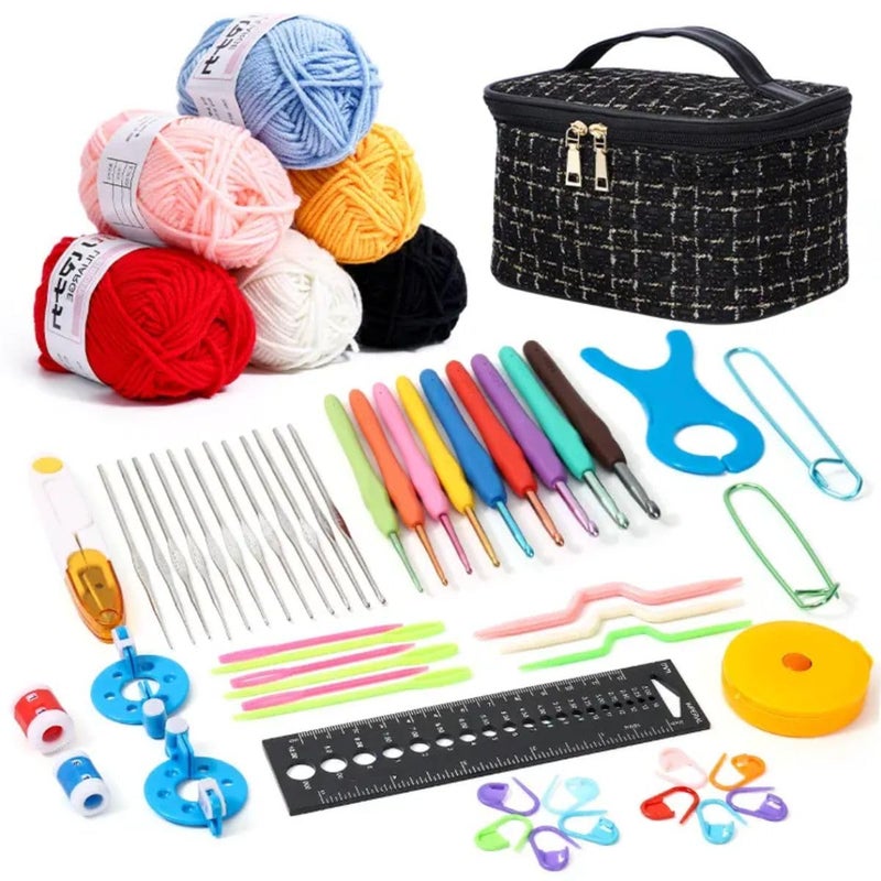 JERN طقم كروشيه JERN، طقم كروشيه للمبتدئين البالغين، حقيبة إبرة كروشيه للسفر، مع إبر كروشيه، 5 كرات خيوط ملونة، مستلزمات الحياكة (58 قطعة طقم كروشيه - أسود) - Image 1