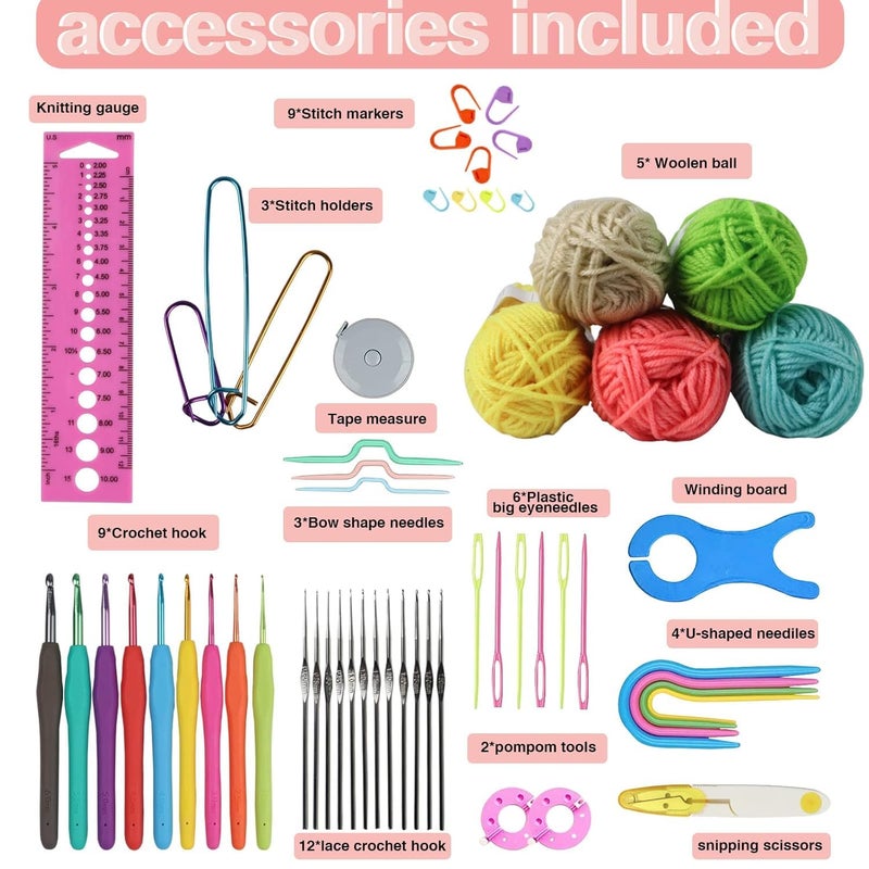 JERN طقم كروشيه JERN، طقم كروشيه للمبتدئين البالغين، حقيبة إبرة كروشيه للسفر، مع إبر كروشيه، 5 كرات خيوط ملونة، مستلزمات الحياكة (58 قطعة طقم كروشيه - أسود) - Image 3