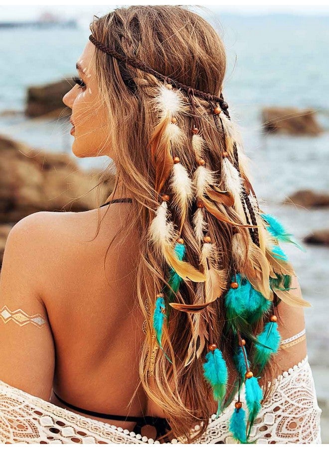 GORTIN Boho Feather Headband Hippie Headpiece Black Gypsy Costume Headdress Bohemian Headbands Indian Festival Feather Headwear Hair Accessory For Women And Girls (Ablue+Brown) - Image 2