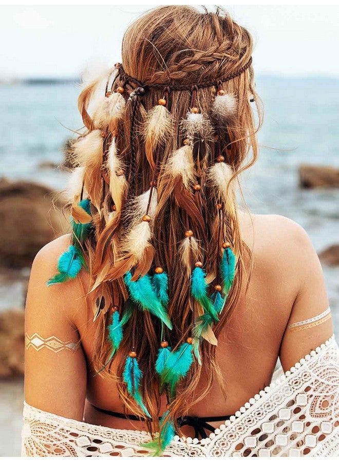 GORTIN Boho Feather Headband Hippie Headpiece Black Gypsy Costume Headdress Bohemian Headbands Indian Festival Feather Headwear Hair Accessory For Women And Girls (Ablue+Brown) - Image 5