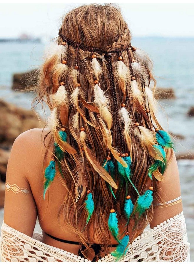 GORTIN Boho Feather Headband Hippie Headpiece Black Gypsy Costume Headdress Bohemian Headbands Indian Festival Feather Headwear Hair Accessory For Women And Girls (Ablue+Brown) - Image 1