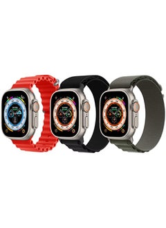 Silicone Ocean Band, Red with Nylon G-Hook Loop Buckle Band, Black, Dark Green for Apple Watch Ultra 8 49mm -Set of 3