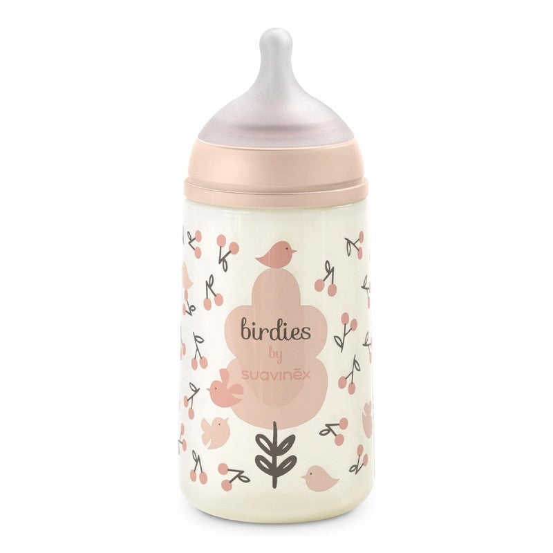 Suavinex, Anti-colic Bottle 270 ml with Physiological SX Pro Silicone Teat, Medium Flow (M), for Medium Density Liquids, Milk, Juice or Water, Babies +3 Months, Birdies, Pink - Image 3