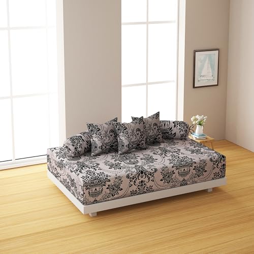 Swayam 144TC Diwan Set Roto Cotton 6 Pcs | Deewan Ethnic Motif Printed Bedsheet Set for Living Room Hall (1-Bed Sheet 60x90 Inch | 2-Bolster Cover 30x30 Inch | 3 Cushion Cover 16x16 Inch) - Beige - Image 2