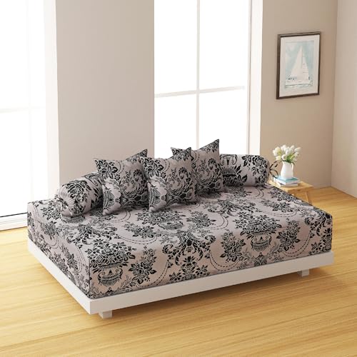 Swayam 144TC Diwan Set Roto Cotton 6 Pcs | Deewan Ethnic Motif Printed Bedsheet Set for Living Room Hall (1-Bed Sheet 60x90 Inch | 2-Bolster Cover 30x30 Inch | 3 Cushion Cover 16x16 Inch) - Beige - Image 1