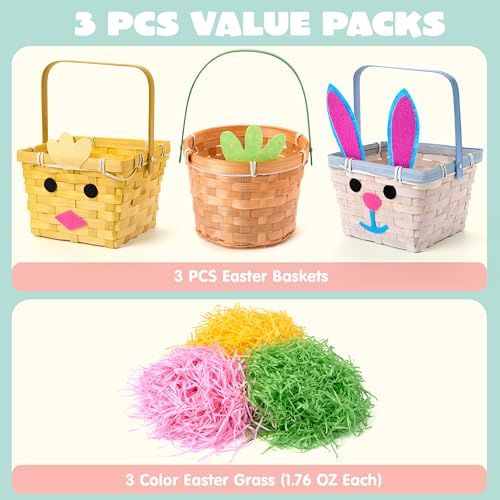 JOYIN 3 Pcs Easter Bamboo Baskets Bunny Chick Carrot Baskets with Folding Handle and 150g Easter Raffia Paper Grass Pink Yellow Green Empty Gift Basket for Baby Girls Boys - Image 3