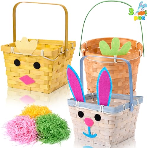 JOYIN 3 Pcs Easter Bamboo Baskets Bunny Chick Carrot Baskets with Folding Handle and 150g Easter Raffia Paper Grass Pink Yellow Green Empty Gift Basket for Baby Girls Boys - Image 1