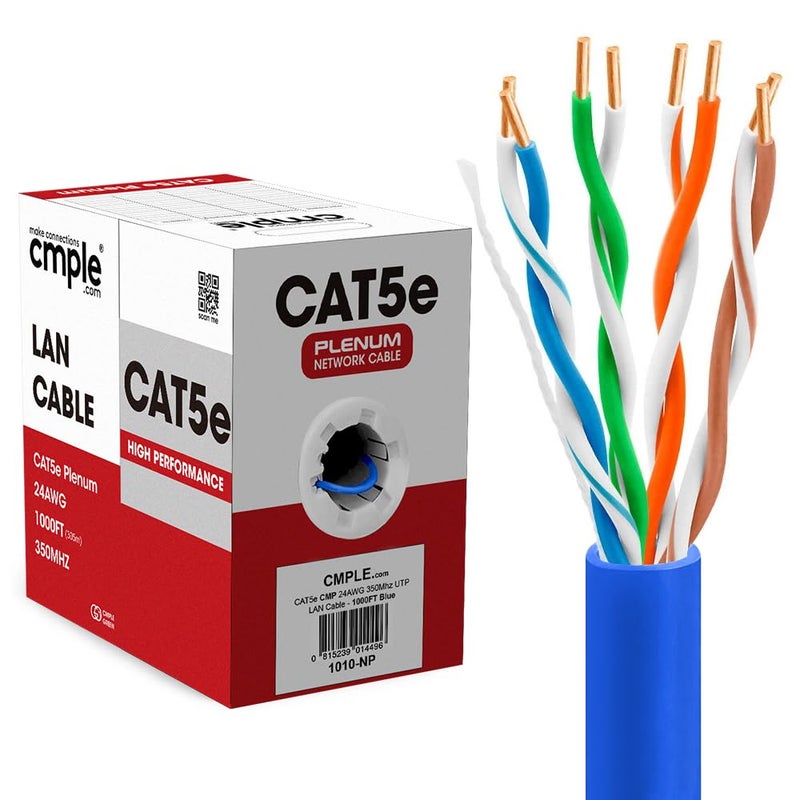 Cmple Cat5e Plenum Cable 1000ft CMP Blue 350MHz Gigabit Ethernet Solid Network Internet Bulk UTP