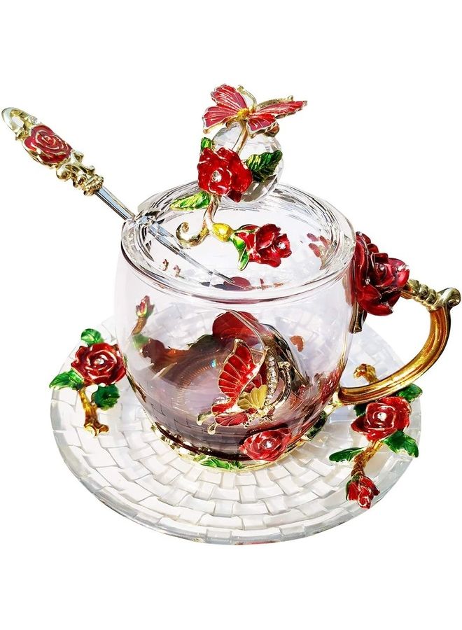 NIBEMINENT Designer Glass Cup With Lid Spoon And Saucer Multicolour 250millimeter - Image 1