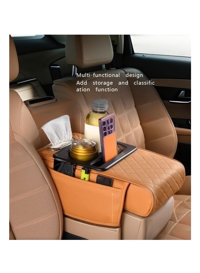 Arabest Car Armrest Cushion,5-in-1 Center Console Cover with 2 Storage Bags Cup Holder, Tissue Box Slot, Phone Slot for Car Sedans, Car Accessories Interior Organizers (Orange) - Image 1