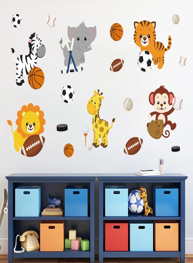 Supzone Cartoon Animal Sport Wall Decals - Sports Balls, Jungle Monkey Lion Giraffe DIY Vinyl Wall Art Stickers for Kids Baby Nursery Playroom Bedroom Girls Boy Room Decor - Image 1