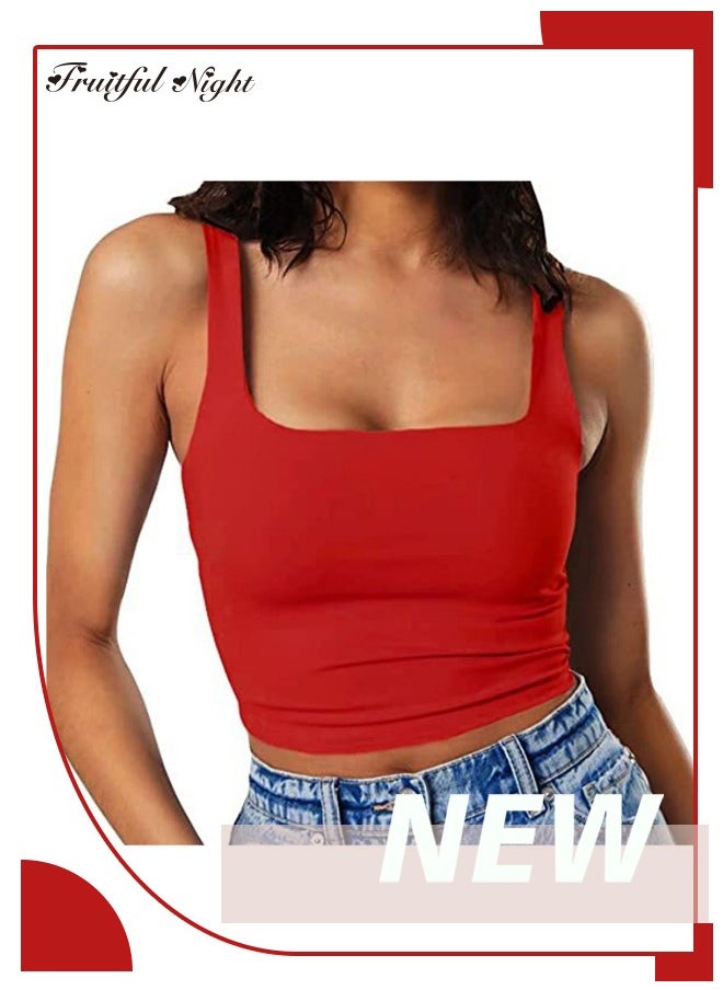 Fruitful Night - Women's Sleeveless Tank Top Square Neck Double Layer Fitness Sports Casual Basic Top - Image 1