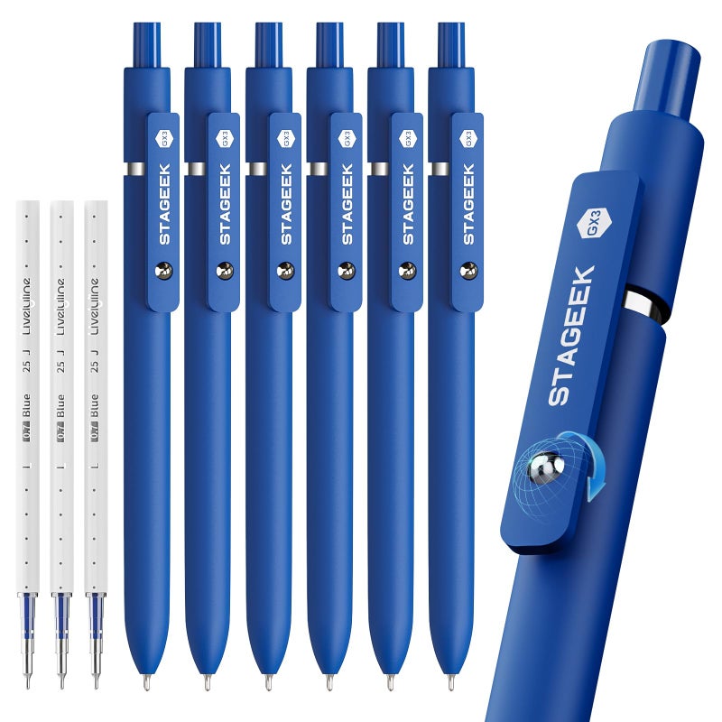 STAGEEK Blue Gel Pens GX3, 6Pcs Quick Dry Blue Ink Pens with 3 Extra Refills, Fine Point Retractable Smooth Writing Pens for Journaling, Office, Note Taking, School Supplies, Nurse Aesthetic(Blue) - Image 1