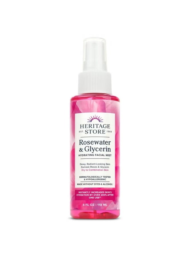 هيرتدج ستور متجر التراث رذاذ مرطب للوجه بماء الورد والجلسرين للعناية بالبشرة الجافة والمختلطة بخاخ ماء الورد مع الجلسرين النباتي مصنوع بدون أصباغ أو كحول مضاد للحساسية نباتي خالٍ من القسوة 4 أونصة