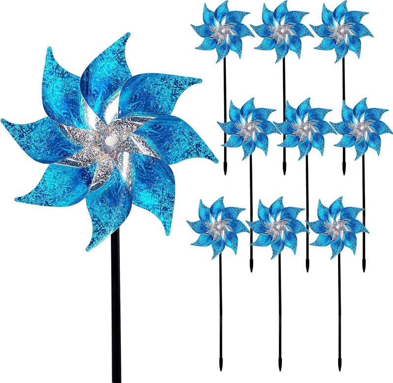 Hausse 10 Pack Reflective Pinwheels with Stakes, Extra Sparkly Pin Wheel for Garden Decor, Bird Repellent Devices Deterrent to Scare Birds Away from Yard Patio Farm, Blue - Image 1