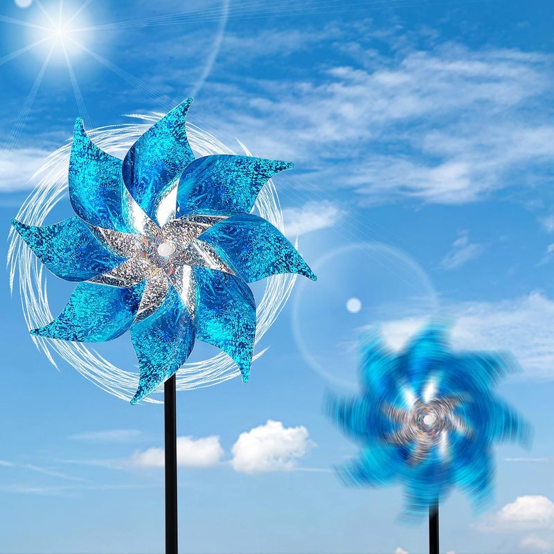 Hausse 10 Pack Reflective Pinwheels with Stakes, Extra Sparkly Pin Wheel for Garden Decor, Bird Repellent Devices Deterrent to Scare Birds Away from Yard Patio Farm, Blue - Image 4