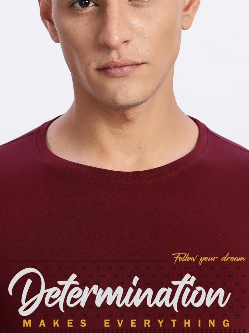 ADRO Men's Printed T-Shirt - Determination Makes Everything Possible - Premium Lycra Cotton Regular Fit - Light Maroon - Image 3