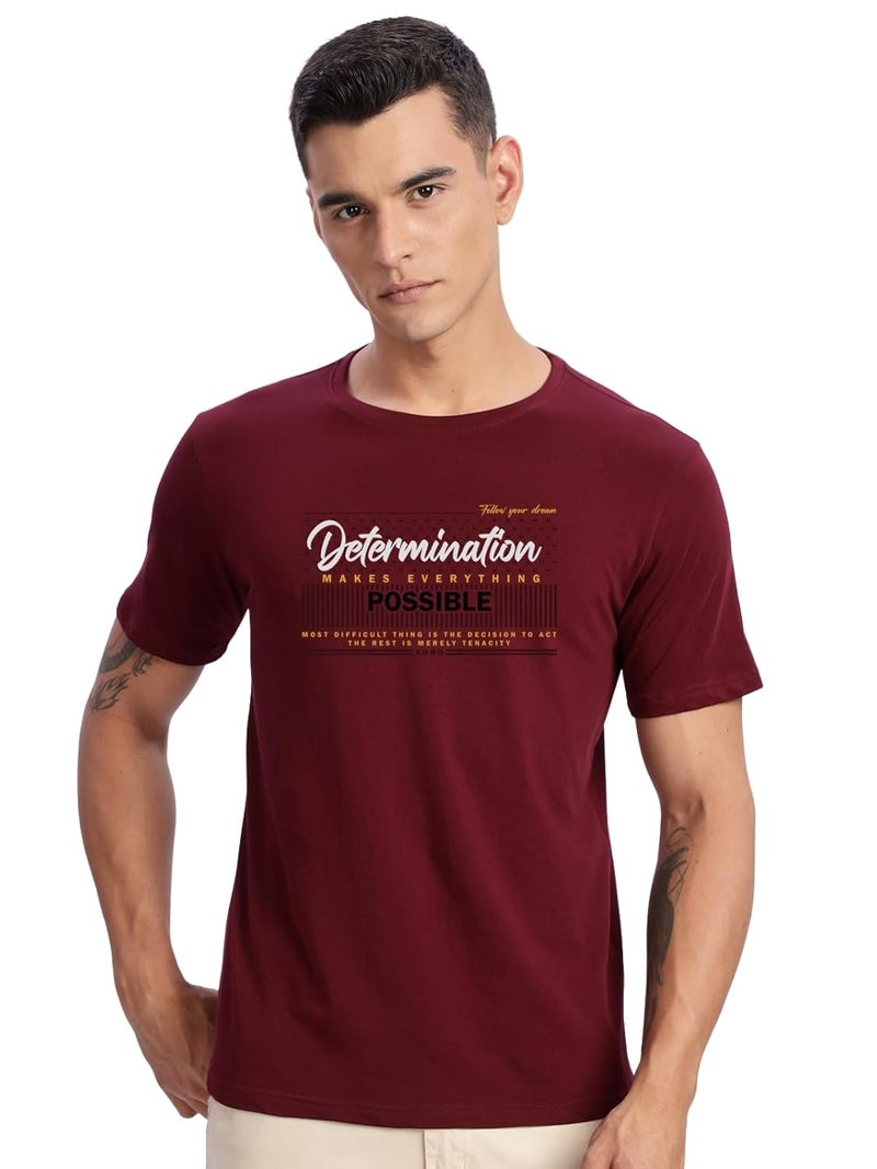 ADRO Men's Printed T-Shirt - Determination Makes Everything Possible - Premium Lycra Cotton Regular Fit - Light Maroon - Image 1