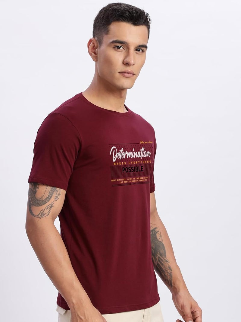 ADRO Men's Printed T-Shirt - Determination Makes Everything Possible - Premium Lycra Cotton Regular Fit - Light Maroon - Image 4
