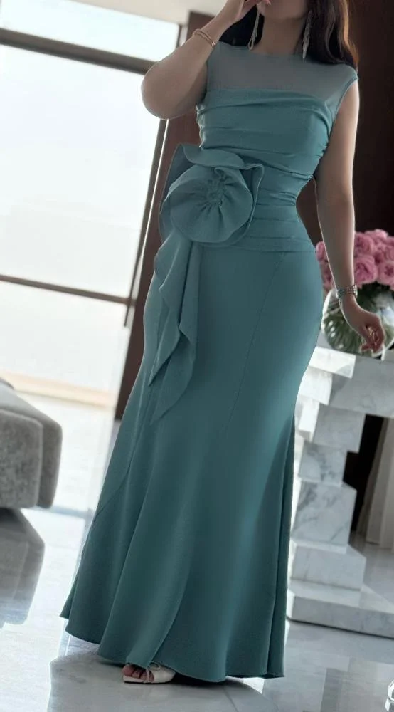Opera Fashion Sky Blue Crepe Blouse and Skirt Set with Rose Waist Detail