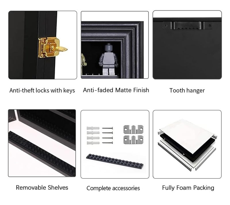 VERANI Minifigures Miniature Display Case Collectibles Display Box Wall Mount Figure Display Curio Cabinet with Lockable Anti Dust Door for Small Objects Lockable Removable Shelves - Small Black - Image 4
