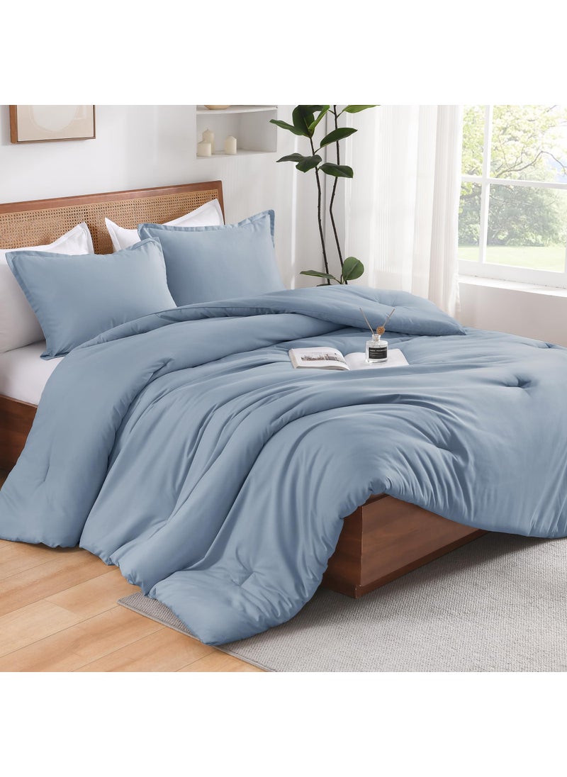 Andency Andency Grayish Blue King Size Comforter Set  3 Pieces Solid Blue Bed Comforter Set  Lightweight Fluffy Blue Bedding Comforter Set for All Season(104x90In Comforter & 2 Pillowcases)  - Image 1