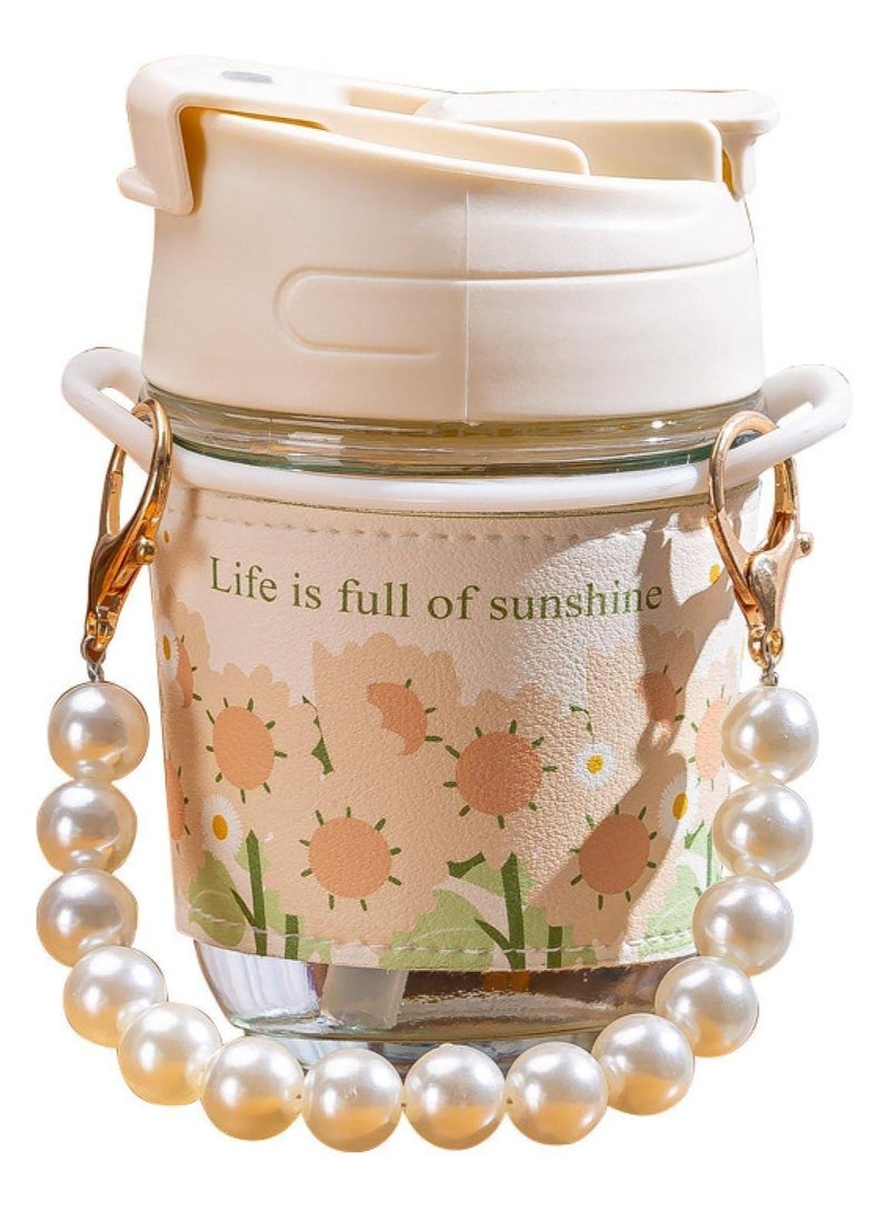 Reusable Coffee Cup Glass Travel Mug with Tote Chain and Non-slip Sleeve, Portable Durable Drinking Tumbler BPA Free, Tulip Glass Water Cup for Girls, 350ml  - Image 1