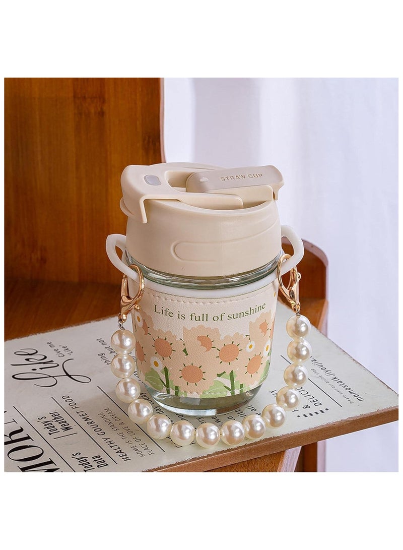 Reusable Coffee Cup Glass Travel Mug with Tote Chain and Non-slip Sleeve, Portable Durable Drinking Tumbler BPA Free, Tulip Glass Water Cup for Girls, 350ml  - Image 2