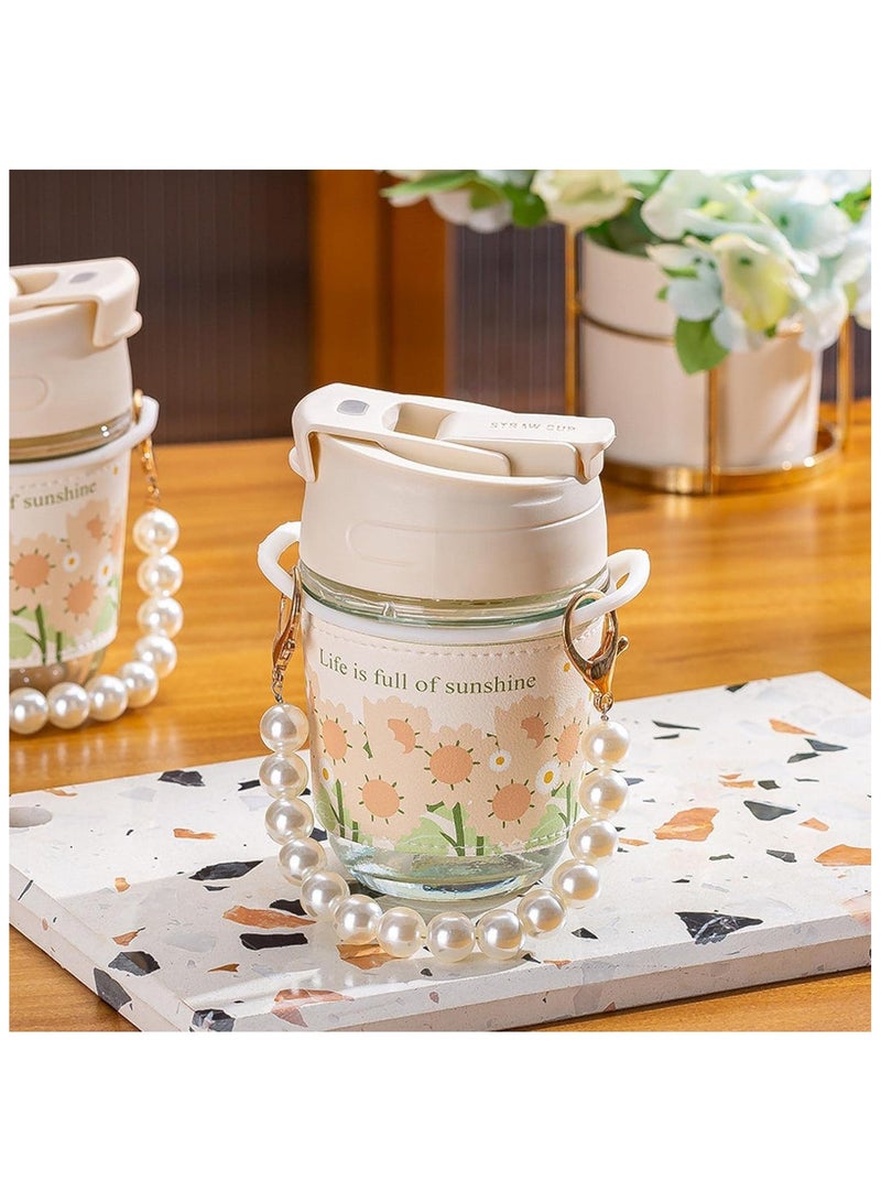 Reusable Coffee Cup Glass Travel Mug with Tote Chain and Non-slip Sleeve, Portable Durable Drinking Tumbler BPA Free, Tulip Glass Water Cup for Girls, 350ml  - Image 3