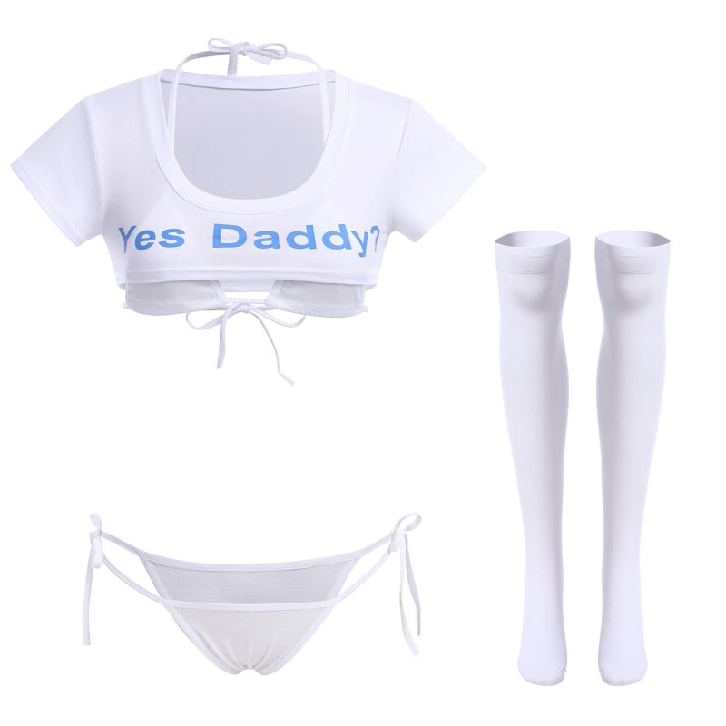 ABAFIP Women Kawaii Bikini Lingerie Set Yes Daddy Japanese Anime Cosplay Lingerie set Micro Tiny Bra G-String Crop Top Stockings 4 pieces underwear 2#White - 4pcs stockings One Size - Image 1