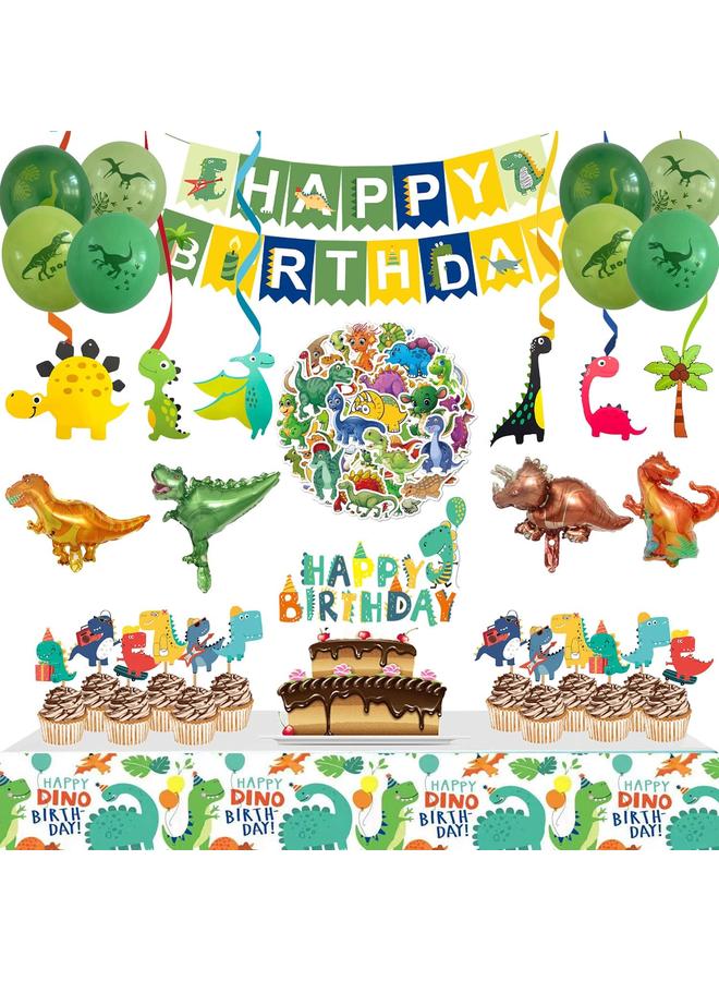 Bluejw Dinosaur Birthday Party Supplies, 104 Pcs Supplies Set for Boys and Girls, Include Balloons, Banner, Tablecloth, Stickers, Hanging Swirls, Aluminum Film Cake Topper Cupcake Toppers - Image 1